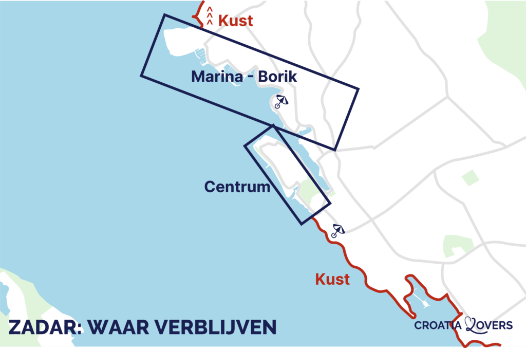 kaart beste plaatsen om te verblijven in zadar