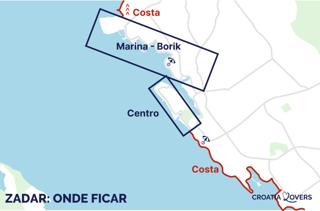 mapa melhores lugares para ficar em zadar