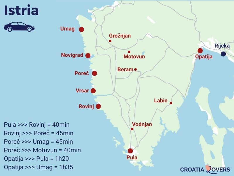 Mapa de tempo de viagem da Ístria