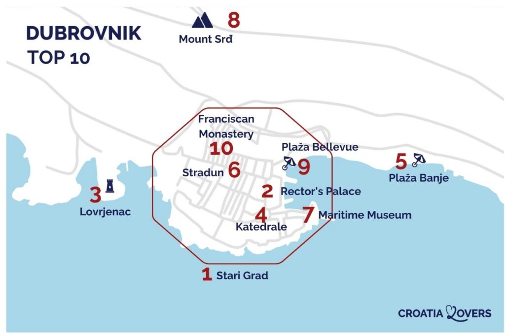 kaart bezienswaardigheden dubrovnik