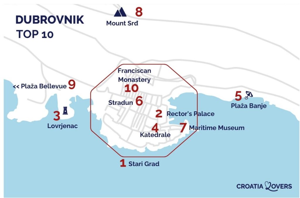karta över sevärdheter i Dubrovnik att besöka
