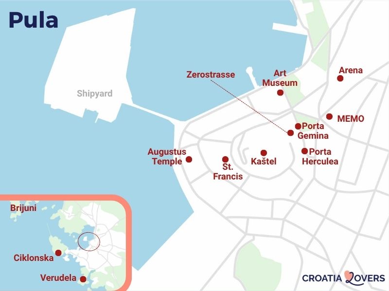 kort over seværdigheder i Pula