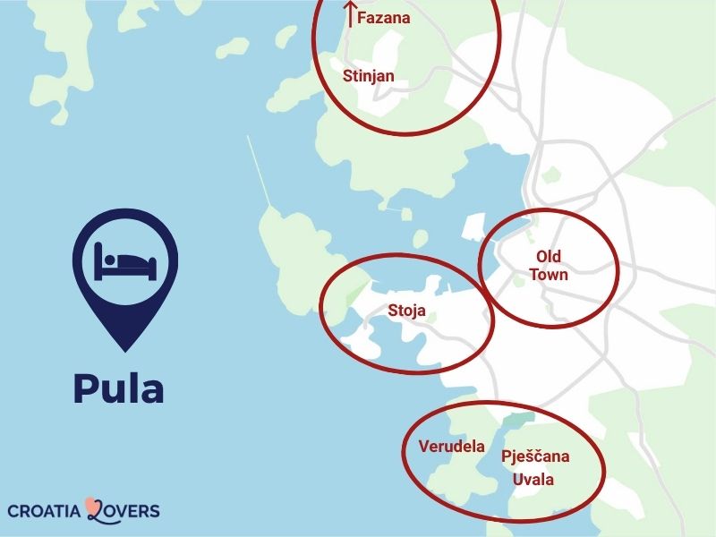 kort over kvartererne i Pula eller overnatningssteder