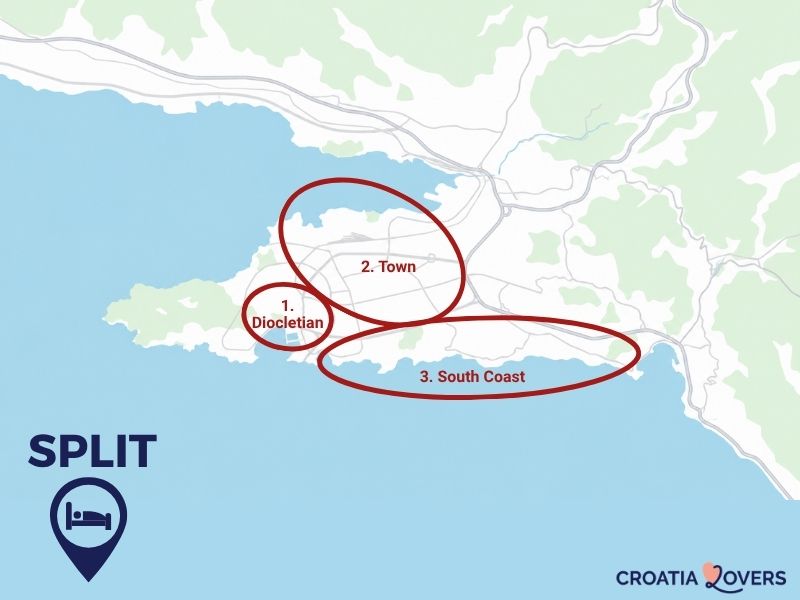 Mapa de los mejores barrios de Split para alojarse