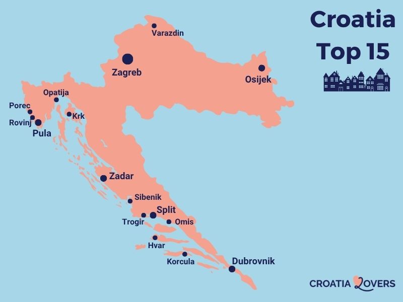 mapa das cidades mais bonitas da Croácia