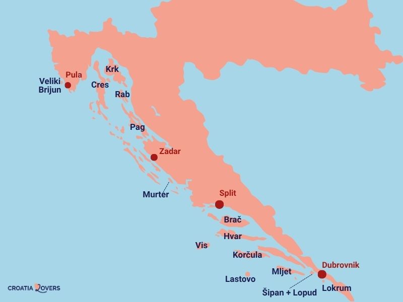 karta över de vackraste öarna i Kroatien