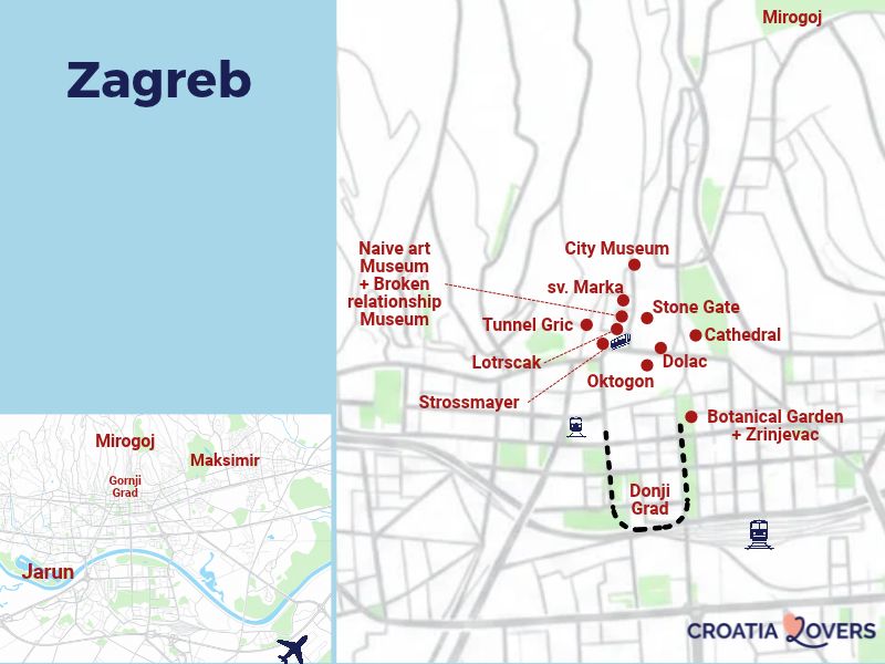mapa de atracciones de Zagreb, Croacia