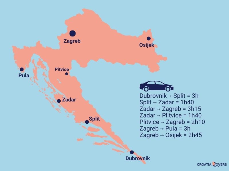 mappa tempi di percorrenza in auto in Croazia